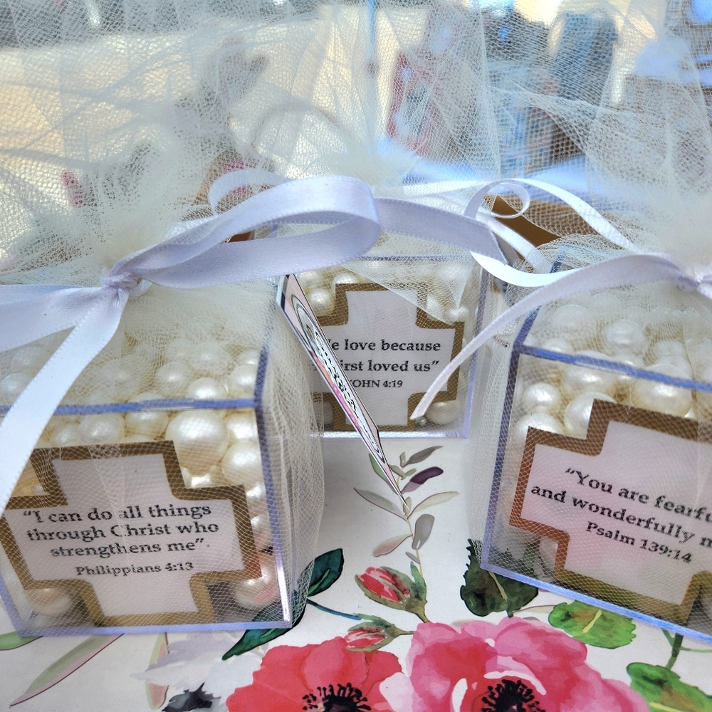 Acrylic Pearl Filled Cubes with Scripture Cross  - White & Gold Accents